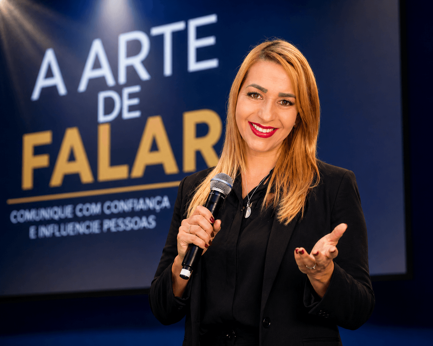 Jussara Rocha em palco durante palestra corporativa
